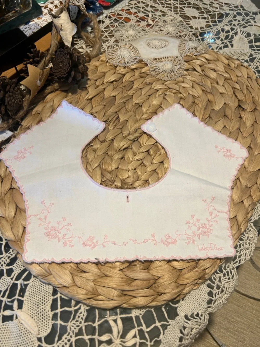 Vintage Handmade White Baby Bib with Pink Embroidery